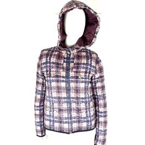 CHANEL 2014 Tweed Print Navy Beige Burgundy Nylon Zip Hooded Jacket 38